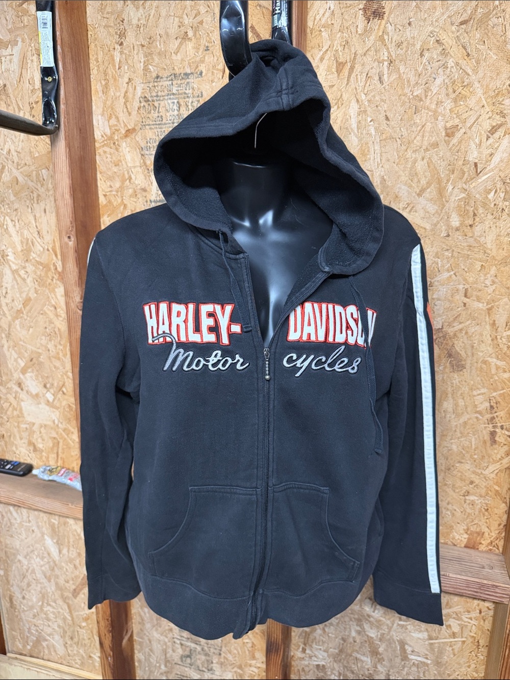 Harley-Davidson Black Zip Hoodie with White Sleeve Stripe and Red Logo